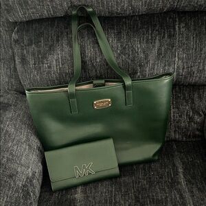 Michael Kors Dark Green Purse and Wallet Set